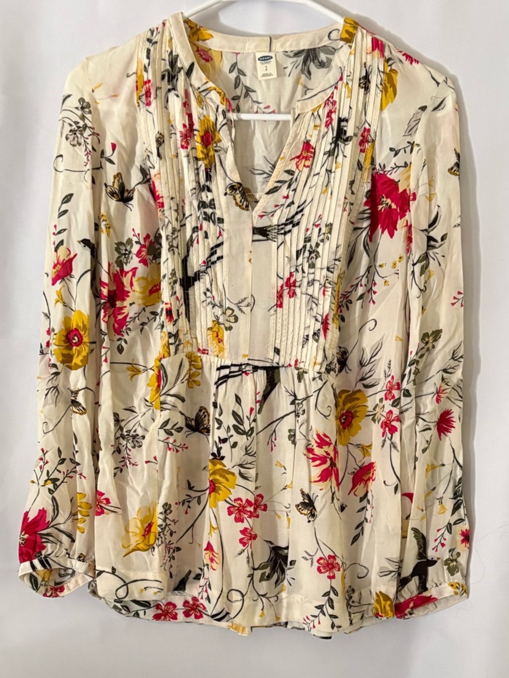Old Navy Cream Floral Pintuck Blouse with Pink & Yellow Blooms